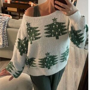 Festive Off-the-Shoulder Sweater in Green and White